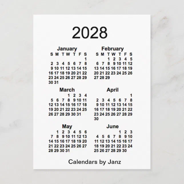 2028 White 6 Month Mini Calendar by Janz Postcard | Zazzle