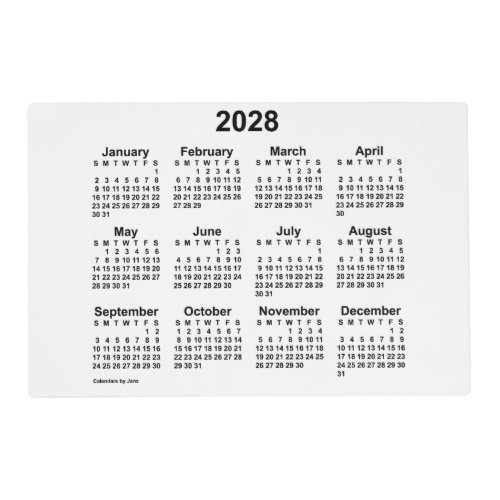 2028 White Calendar by Janz Laminated Placemat
