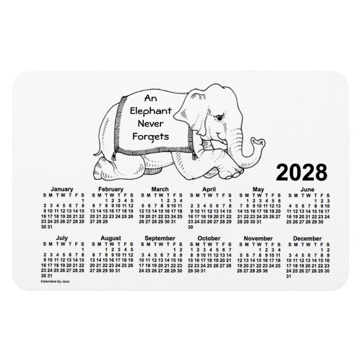 2028 White Elephant Calendar by Janz 4x6 Zazzle