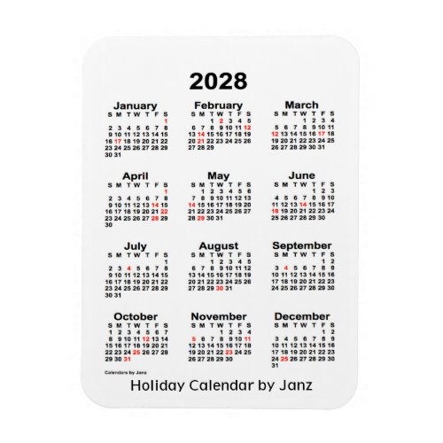 2028 White  Holiday Calendar by Janz Magnet