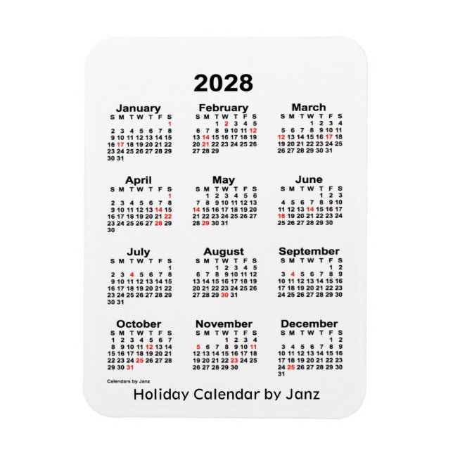 2028 White  Holiday Calendar by Janz Magnet (Vertical)