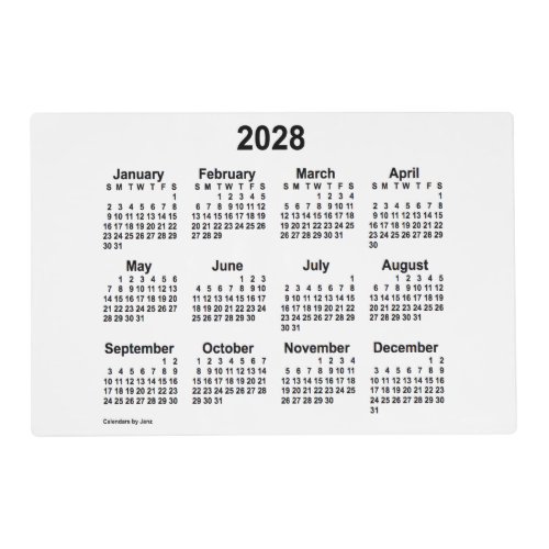 2028 White Neon Laminated Calendar by Janz Placemat