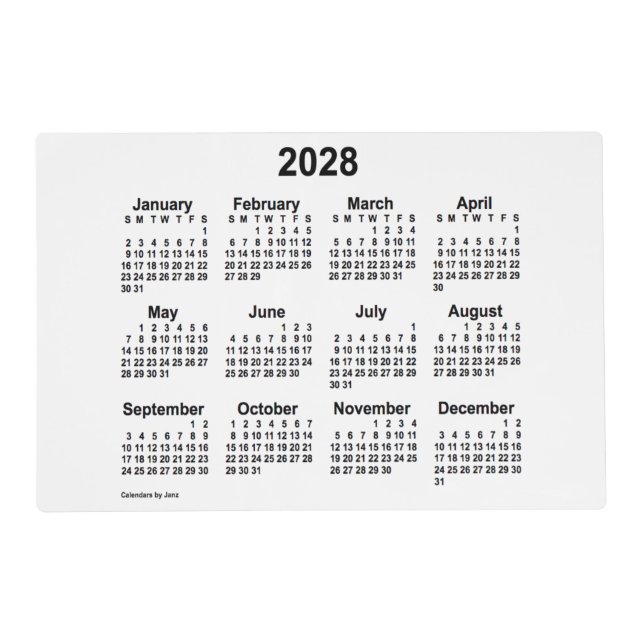 2028 White Neon Laminated Calendar by Janz Placemat (Front)
