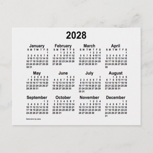 2028 White Smoke Mini Calendar by Janz Postcard