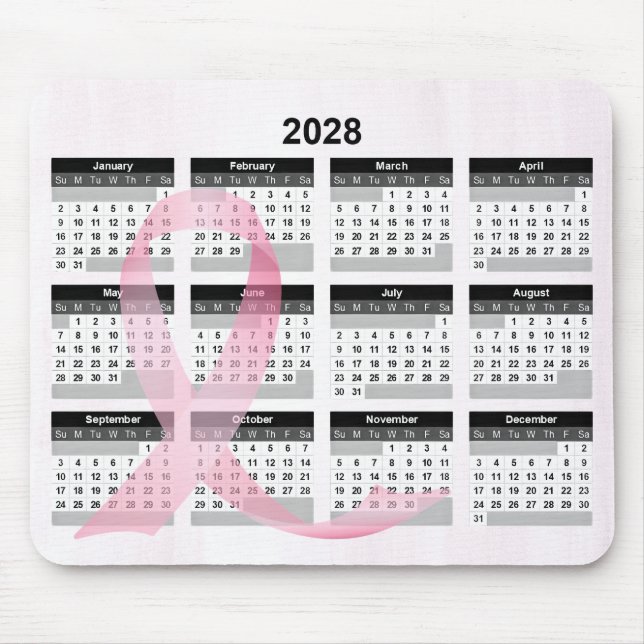 2028 Year Calendar Pink Ribbon Mouse Pad (Front)