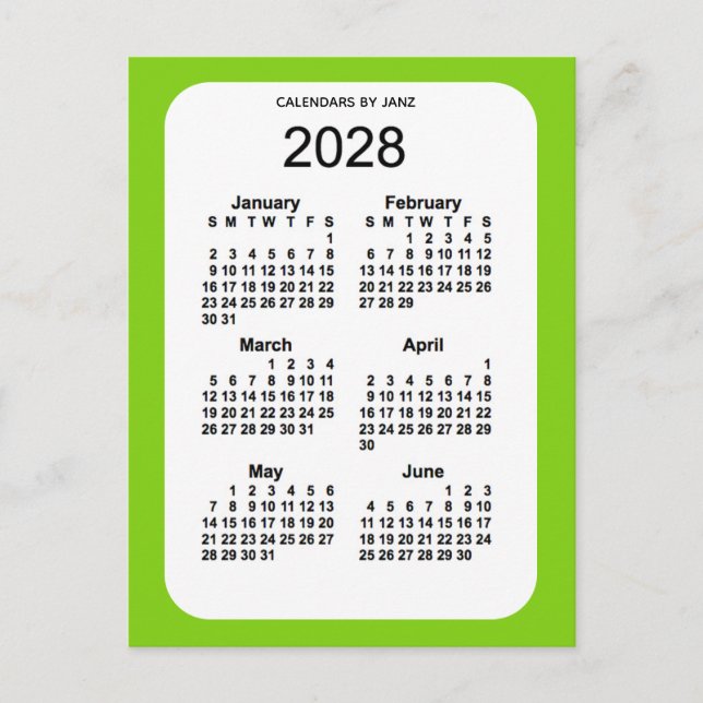 2028 Yellow Green 6 Month Mini Calendar by Janz Postcard (Front)