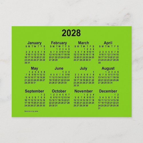 2028 Yellow Green Mini Calendar by Janz Postcard