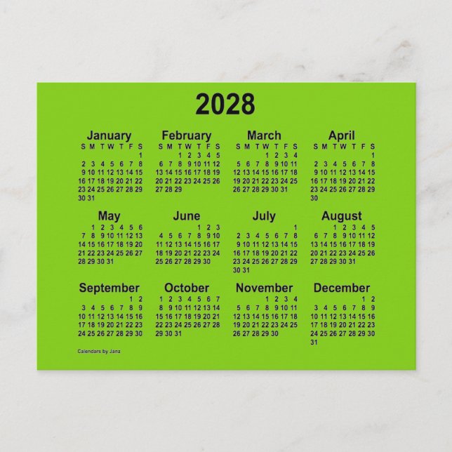 2028 Yellow Green Mini Calendar by Janz Postcard (Front)