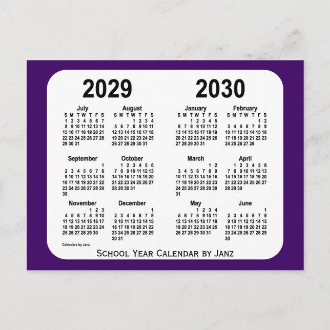 2029-2030 Purple Mini School Year Calendar by Janz Postcard (Front)
