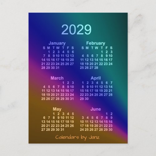 2029 Aurora 6 Month Mini Calendar by Janz Postcard
