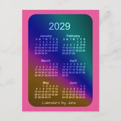 2029 Aurora Pink 6 Month Mini Calendar by Janz Postcard