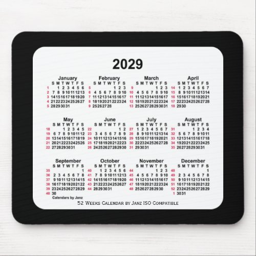 2029 Black 52 Weeks ISO Calendar by Janz Two Tone Mouse Pad