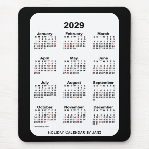 2029 Holiday Two Tone Black Calendar by Janz Mouse Pad