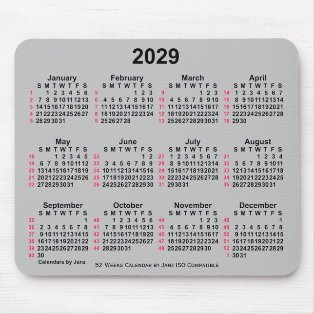 2029 Silver 52 Weeks ISO Calendar by Janz Mouse Pad (Front)