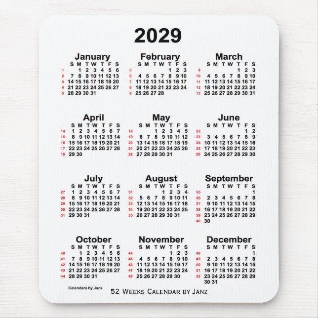2029 White 52 Week Calendar by Janz Mouse Pad (Front)