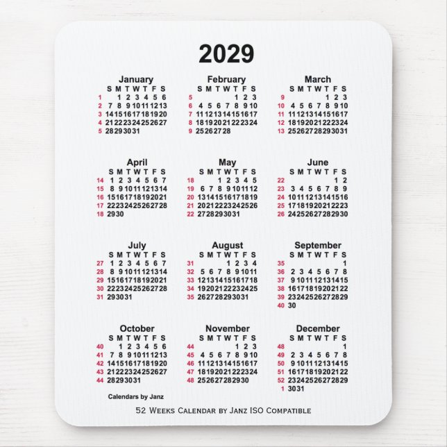 2029 White 52 Weeks ISO Calendar by Janz Mouse Pad (Front)