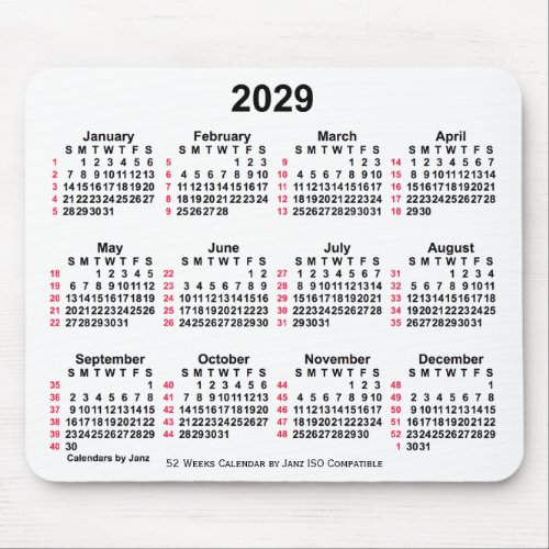 2029 White 52 Weeks ISO Calendar by Janz Mouse Pad