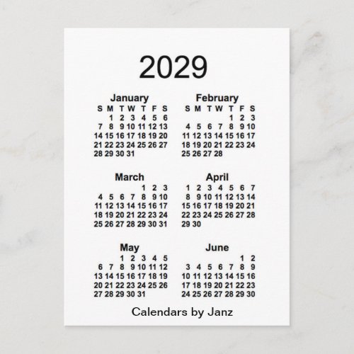 2029 White 6 Month Mini Calendar by Janz Postcard