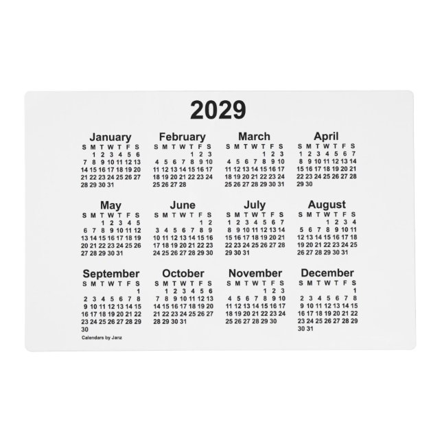 2029 White Calendar by Janz Laminated Placemat (Front)