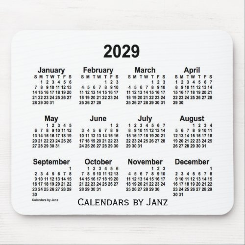 2029 White Calendar by Janz Mouse Pad