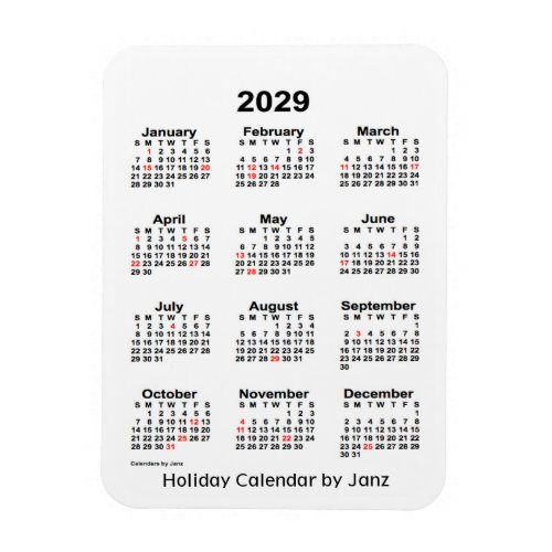 2029 White  Holiday Calendar by Janz Magnet