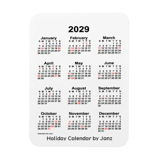 2029 White Holiday Calendar by Janz Magnet | Zazzle