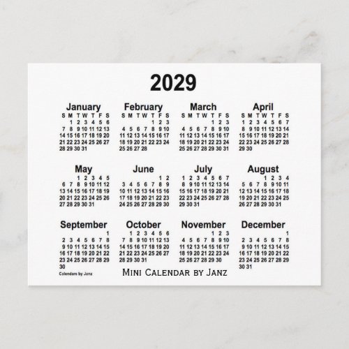 2029 White Mini Calendar by Janz Postcard