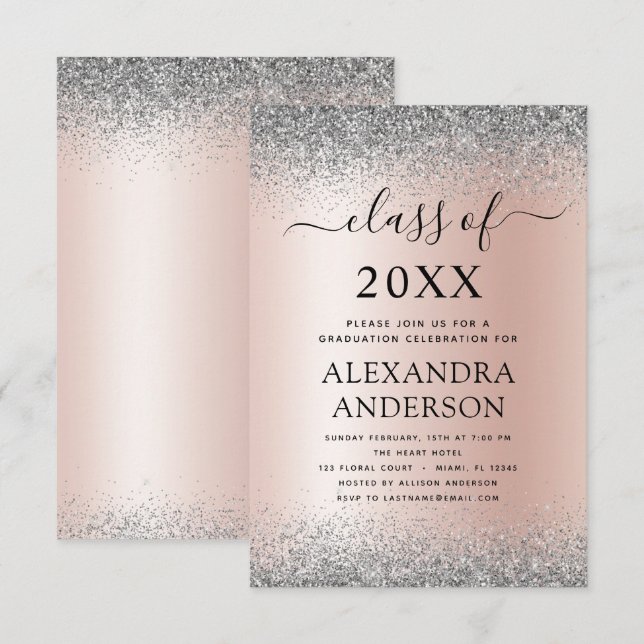 202 Graduation Party Glitter Rose Gold Pink Silver Invitation (Front/Back)