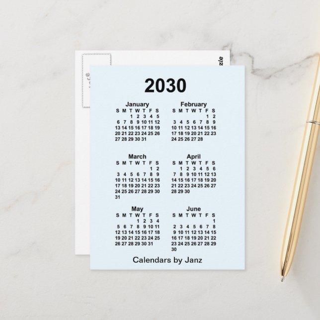 2030 Alice Blue 6 Month Mini Calendar by Janz Postcard (Front/Back In Situ)