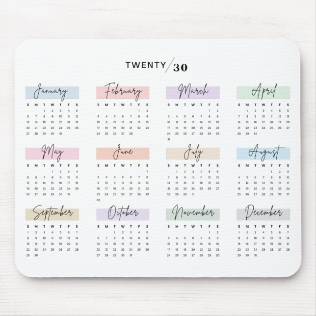 2030 FULL YEAR CALENDAR PASTEL HANDWRITTEN SCRIPT MOUSE PAD (Front)