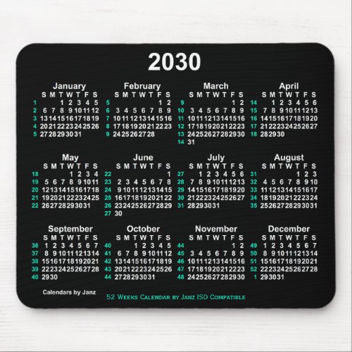 2030 Neon White 52 Weeks ISO Calendar by Janz Mouse Pad