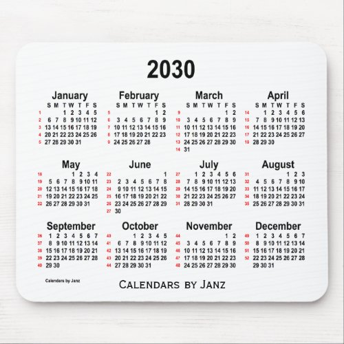 2030 White 52 Weeks Calendar by Janz Mouse Pad
