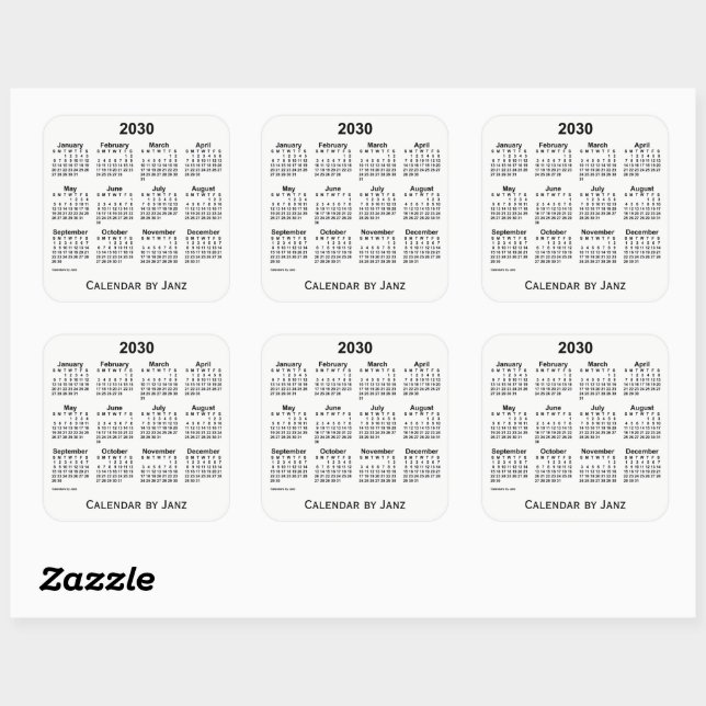 2030 White Calendar by Janz Square Sticker (Sheet)