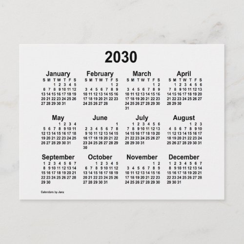 2030 White Smoke Mini Calendar by Janz Postcard