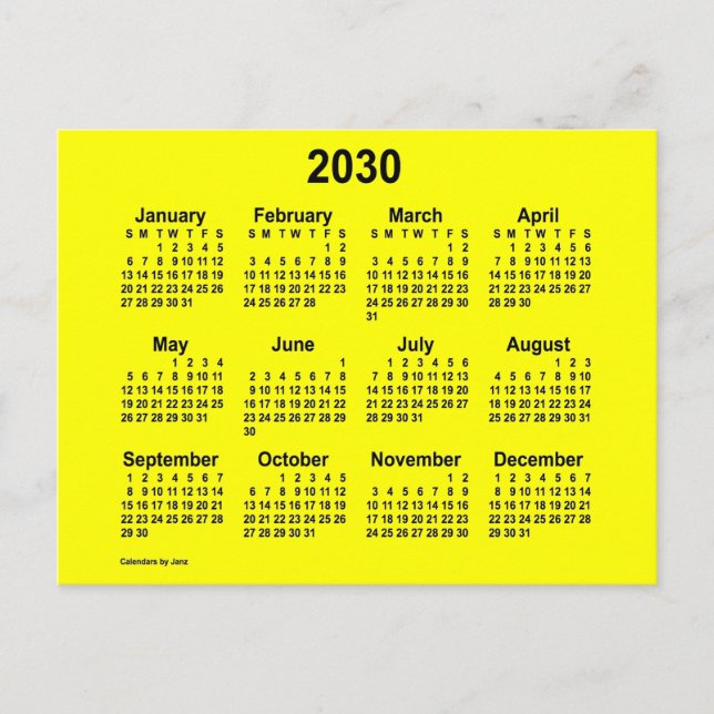 2030 Yellow Mini Calendar by Janz Postcard (Front)