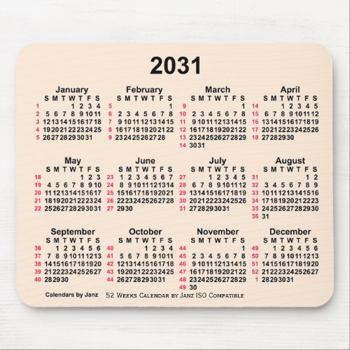 2031 Antique White 52 Weeks ISO Calendar by Janz Mouse Pad