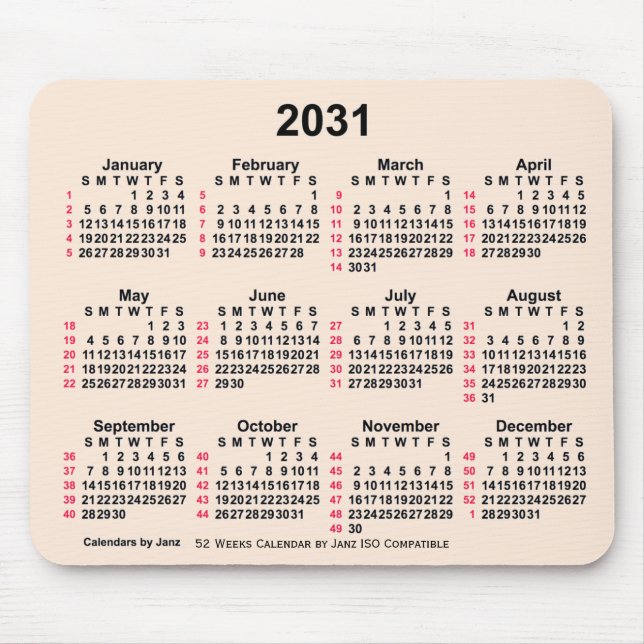 2031 Antique White 52 Weeks ISO Calendar by Janz Mouse Pad (Front)