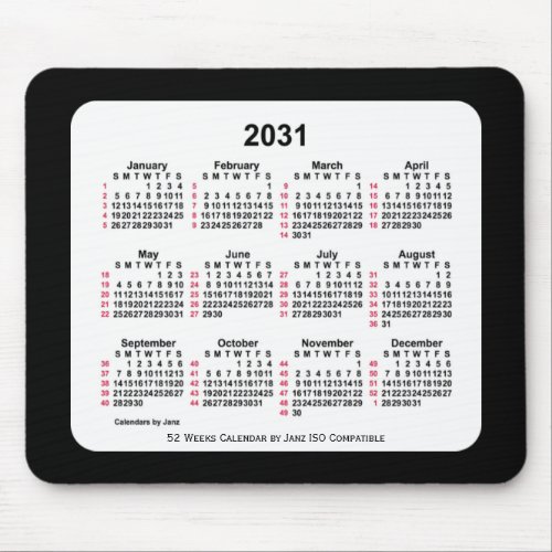 2031 Black 52 Weeks ISO Calendar by Janz Two Tone Mouse Pad