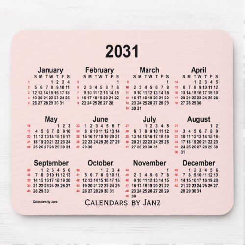 2031 Misty Rose 52 Weeks Calendar by Janz Mouse Pad