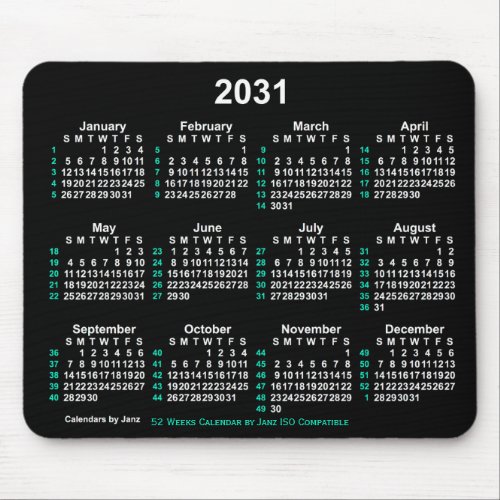 2031 Neon White 52 Weeks ISO Calendar by Janz Mouse Pad