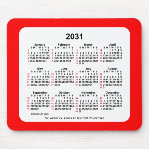 2031 Red 52 Weeks ISO Calendar by Janz Two Tone Mouse Pad