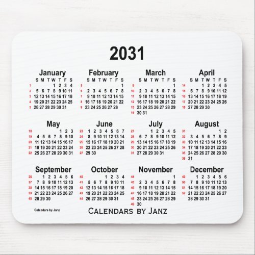 2031 White 52 Weeks Calendar by Janz Mouse Pad