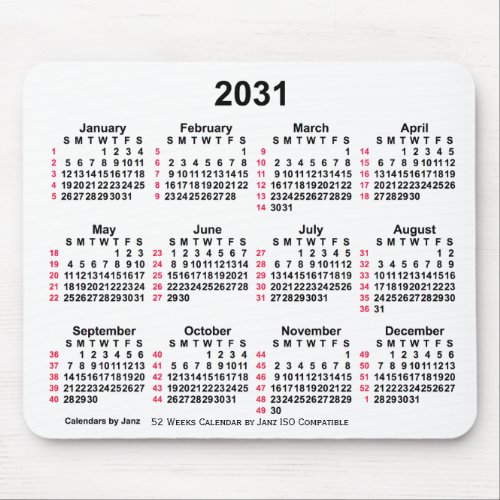 2031 White 52 Weeks ISO Calendar by Janz Mouse Pad