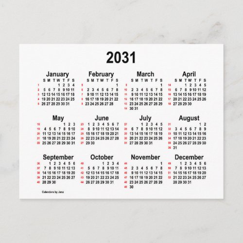 2031 White 52 Weeks Mini Calendar by Janz Postcard