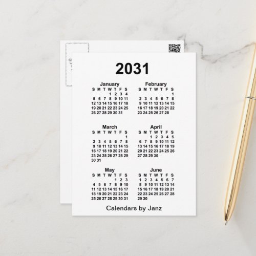 2031 White 6 Month Mini Calendar by Janz Postcard