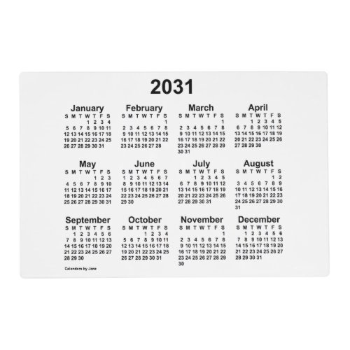 2031 White Calendar by Janz Laminated Placemat
