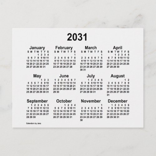 2031 White Smoke Mini Calendar by Janz Postcard