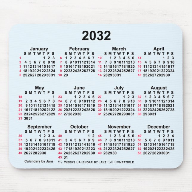 2032 Alice Blue 52 Weeks ISO Calendar by Janz Mouse Pad (Front)