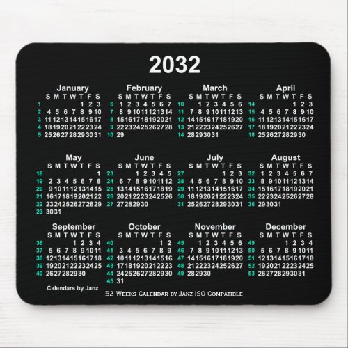 2032 Neon White 52 Weeks ISO Calendar by Janz Mouse Pad
