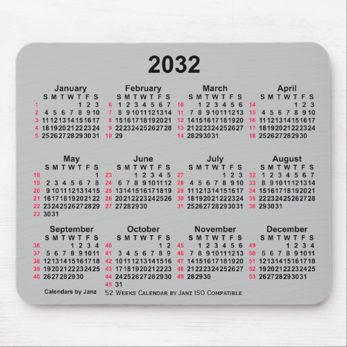 2032 Silver 52 Weeks ISO Calendar by Janz Mouse Pad